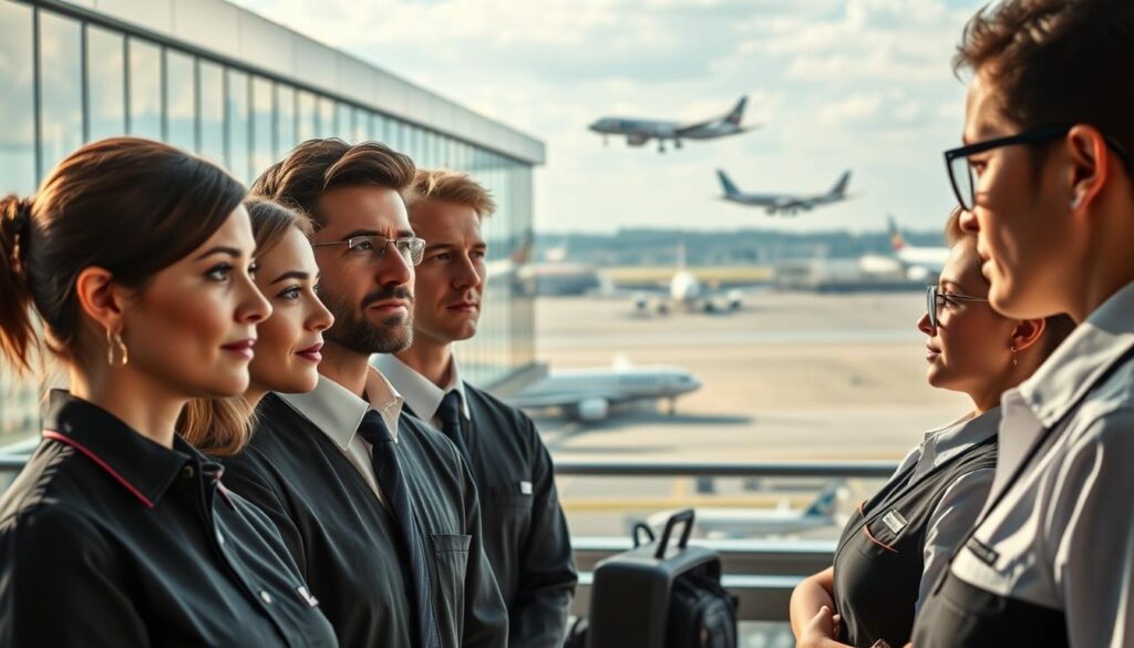 A visually striking comparison of airport staff salaries, showcasing a meticulously detailed scene. In the foreground, a group of ground crew in crisp uniforms stand side by side, their expressions conveying the diverse range of experiences and responsibilities. The middle ground features a sleek, modern airport terminal, its glass facades reflecting the bustling activity within. The background is a panoramic view of the tarmac, with planes taking off and landing, underscoring the dynamic nature of the industry. The lighting is a harmonious blend of natural and artificial, creating depth and atmosphere. The overall composition emphasizes the contrasts in compensation and the crucial role these unsung heroes play in the smooth operation of the airport.
