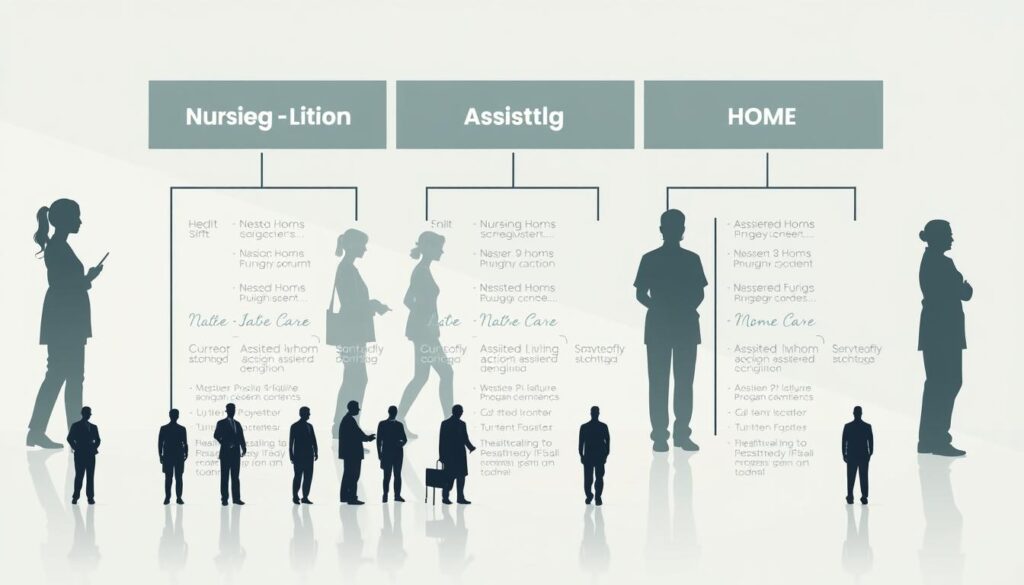 A visually striking comparison of various care facility work arrangements, showcasing the nuanced differences in staffing models. Depicted in a clean, modern style with a focus on minimalist infographic-like visuals. The scene features an array of silhouetted healthcare workers in distinct poses, representing the varied shifts and schedules associated with nursing homes, assisted living, and home care settings. Soft, directional lighting creates depth and emphasizes the organizational structure, while a muted color palette reinforces the analytical, informative nature of the image. The composition strikes a balance between clarity and visual interest, inviting the viewer to explore the subtle distinctions between facility types and their corresponding workforce dynamics.