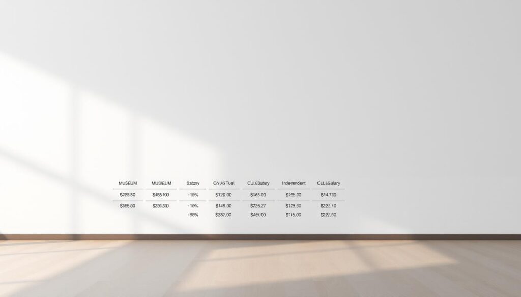 A visually stunning comparison of curator salaries, presented in a clean, data-driven infographic. The foreground showcases distinct salary ranges for different types of curators, such as museum, art gallery, and independent curators, rendered in a minimal, infographic-style layout. The middle ground features a sleek, modern visual representation of the salary data, using intuitive charts and graphs to clearly convey the relative compensation levels. The background maintains a simple, sophisticated aesthetic, with subtle textures and a muted color palette that allows the salary information to take center stage. Soft, directional lighting from the top casts gentle shadows, adding depth and dimension to the overall scene. The final image strikes a balance between informative and visually captivating, perfectly suited to illustrate the "キュレーターの年収相場" section of the article.