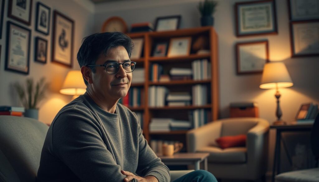 A warm and cozy counselor's office, bathed in soft lighting and filled with a sense of comfort and understanding. In the foreground, a counselor sits attentively, their expression radiating empathy and a deep desire to help. The middle ground features a client, their body language open and trusting, engaged in a meaningful conversation. In the background, shelves of books and certificates suggest the counselor's expertise and dedication to their craft. The overall atmosphere conveys the fulfillment and purpose that comes from making a positive impact on people's lives, the true "やりがい" of being a counselor.