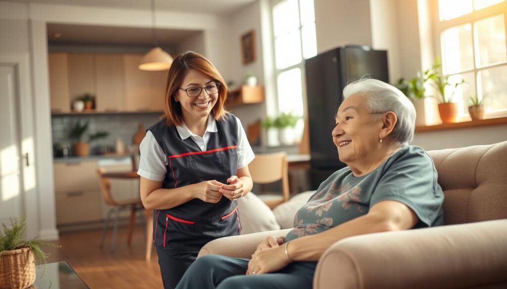 A warm and cozy interior scene of a modern apartment, illuminated by soft natural light filtering through large windows. In the foreground, a middle-aged woman in a cheerful, professional uniform provides attentive care to an elderly person sitting comfortably on a plush armchair. The middle ground showcases a well-equipped kitchen area, hinting at the homemaker's ability to assist with daily tasks. In the background, subtle decorative elements and personal touches convey a sense of familiarity and personalized support. The overall atmosphere radiates a feeling of trust, compassion, and the valuable role a home helper plays in enhancing the quality of life for those in need.