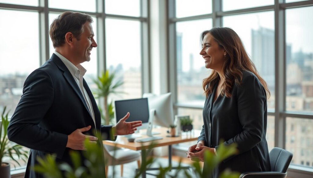 A warm and inviting office setting, with large windows letting in natural light. In the foreground, two colleagues are engaged in a lively discussion, their body language suggesting an animated and meaningful exchange. The middle ground features a well-appointed workspace, with a sleek computer setup and carefully curated decor, conveying a sense of professionalism and passion for the work. The background showcases an urban skyline, hinting at the broader context and the opportunities available to those who thrive in this field. The scene exudes a sense of fulfillment, collaboration, and the rewarding nature of a career as an interpreter.