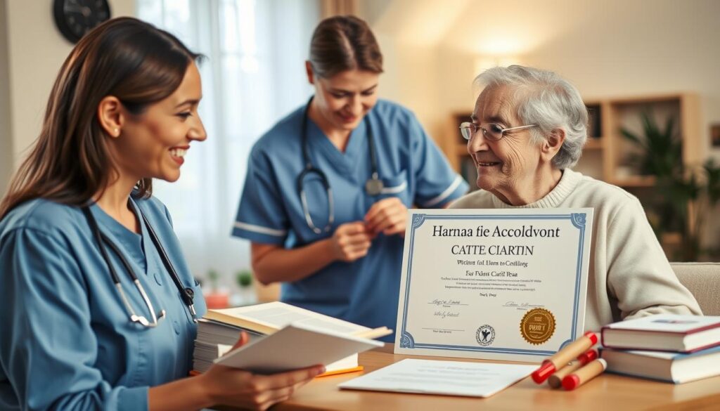 A warm and inviting scene depicting the importance of earning a caregiving certification. In the foreground, a dedicated caregiver assists an elderly person with daily tasks, their expressions conveying empathy and care. The middle ground shows a certificate or diploma signifying the caregiver's training and qualifications, surrounded by symbols of professional development such as books and learning materials. The background features a serene, lightly-lit interior with soothing colors, suggesting the tranquil and nurturing environment of a care facility. The overall composition emphasizes the significance of specialized knowledge and credentials in providing high-quality elder care.