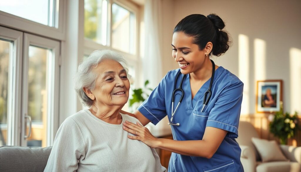A warm and inviting scene of a home care worker assisting an elderly person with their daily activities. The worker's face is filled with a sense of purpose and fulfillment, their gentle touch conveying the care and compassion they bring to their work. The elderly person's expression is one of gratitude and comfort, as they are supported in the familiar surroundings of their own home. The room is well-lit, with soft natural light filtering in through large windows, creating a serene and peaceful atmosphere. The worker's uniform is clean and professional, their demeanor calm and attentive. In the background, subtle details suggest the comforts of home - a cozy chair, a framed family photo, a vase of fresh flowers. This image captures the essence of the meaningful work done by home care workers, their dedication to improving the lives of their clients.