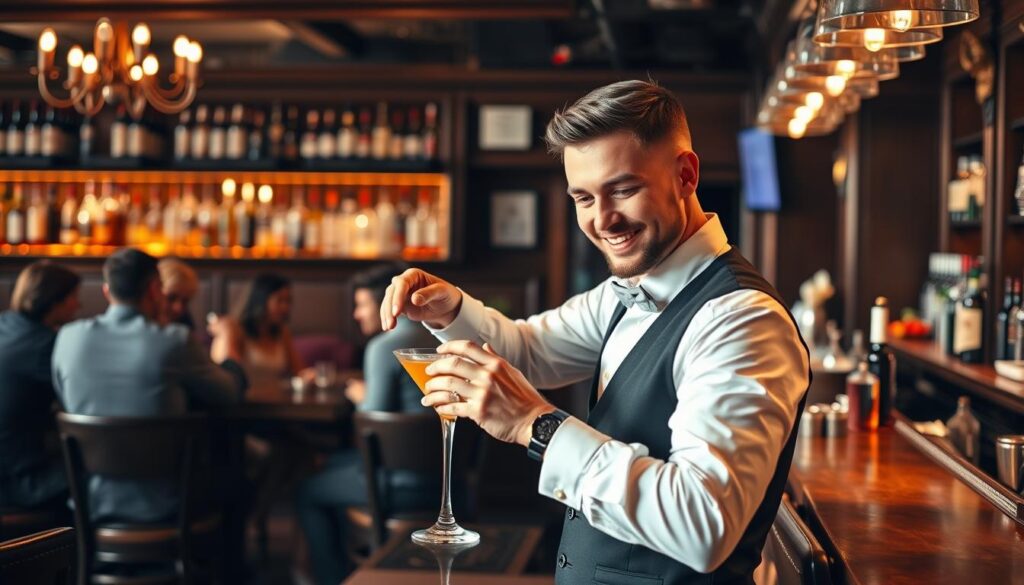 A warm, inviting bar scene with a charismatic bartender engaging with patrons. In the foreground, the bartender, dressed in a crisp white shirt and black vest, effortlessly mixes a cocktail, their hands moving with precision and flair. In the middle ground, a diverse group of customers sit at the bar, chatting animatedly, their expressions animated and engaged. The background features a well-stocked bar, with rows of gleaming bottles and a classic, polished wooden countertop. Soft, ambient lighting casts a cozy glow, creating an atmosphere of conviviality and hospitality. The bartender's demeanor exudes a blend of confidence, charisma, and a genuine interest in their patrons, showcasing the qualities that make them well-suited for this engaging profession.