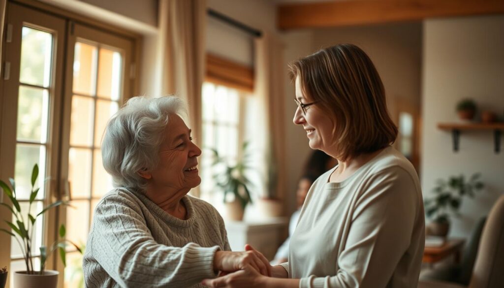 A warm, inviting home interior with natural lighting filtering through large windows. In the foreground, a middle-aged, kind-looking home helper is assisting an elderly woman with daily tasks, their interaction conveying care, patience, and understanding. The helper's body language is attentive and focused, highlighting their empathy and diligence. In the background, subtle details reinforce the nurturing atmosphere - potted plants, soft textiles, and soothing color palettes. The scene radiates a sense of comfort, safety, and the helper's aptitude for providing compassionate, high-quality care.