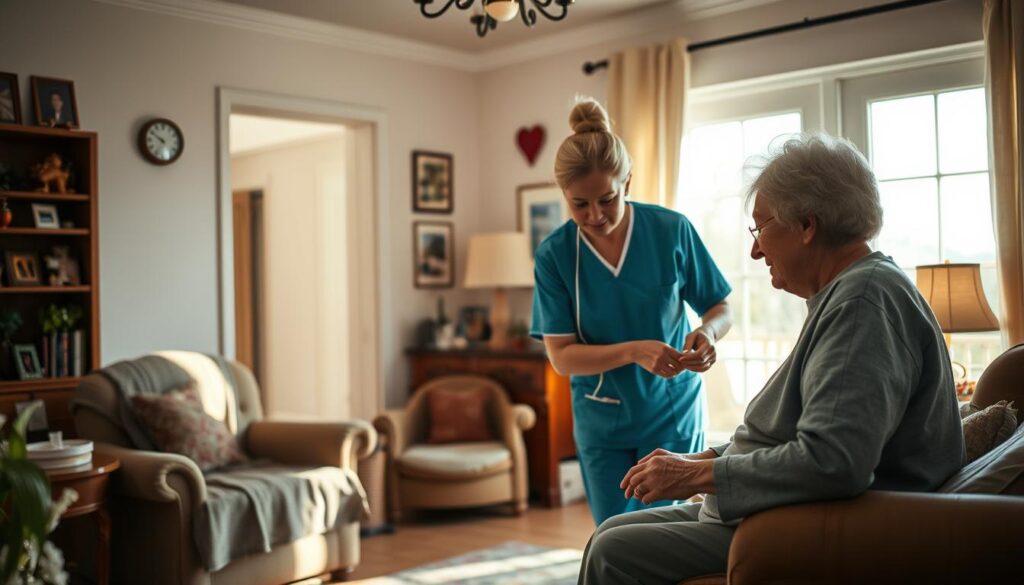 A warm, inviting interior scene of a senior citizen's home, bathed in soft, natural lighting. In the foreground, a home health aide diligently assists an elderly person with daily tasks, such as helping them dress, prepare a meal, or take medication. The middle ground showcases the cozy, well-appointed living space, with personal mementos and furnishings that convey a sense of comfort and familiarity. In the background, a large window provides a glimpse of the outside world, hinting at the aide's role in maintaining the client's connection to their community. The overall atmosphere is one of care, compassion, and the quiet dignity of the home healthcare profession.