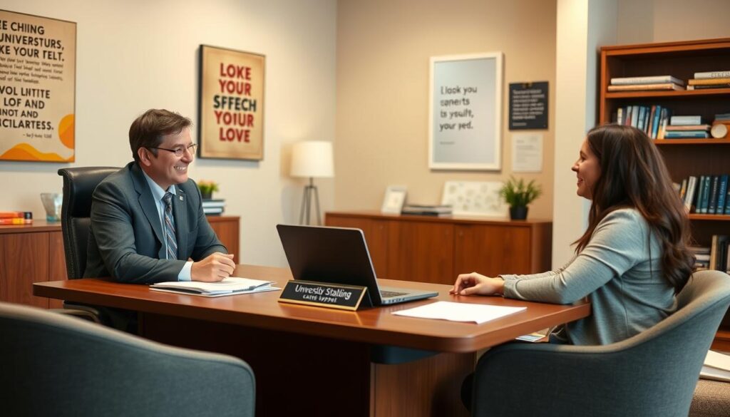 A warm, inviting office setting with a large desk, comfortable chairs, and a bookshelf in the background. On the desk, a laptop, some folders, and a nameplate that reads "University Staffing Support". A professional-looking person, likely a career counselor, is seated at the desk, offering guidance and assistance to a university employee who is sitting across from them, discussing options and resources for a potential career transition. The lighting is soft and natural, creating a calm and productive atmosphere. The walls feature motivational artwork and job search resources, conveying a supportive environment for university staff exploring new opportunities.
