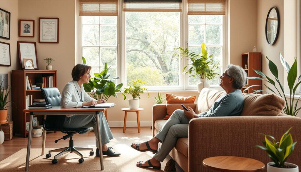 A warm, inviting office setting with natural lighting streaming through large windows. A social worker sits at a desk, engaging empathetically with a client on the couch. The worker's body language conveys active listening, compassion, and a desire to understand the client's needs. Complementary tones of earth and pastel hues create a calming, approachable atmosphere. Details like framed certificates, bookshelves, and plants suggest a professional yet nurturing environment well-suited for sensitive, interpersonal work. The scene captures the essence of a social worker's aptitude - a balance of analytical problem-solving, emotional intelligence, and a genuine commitment to supporting others.