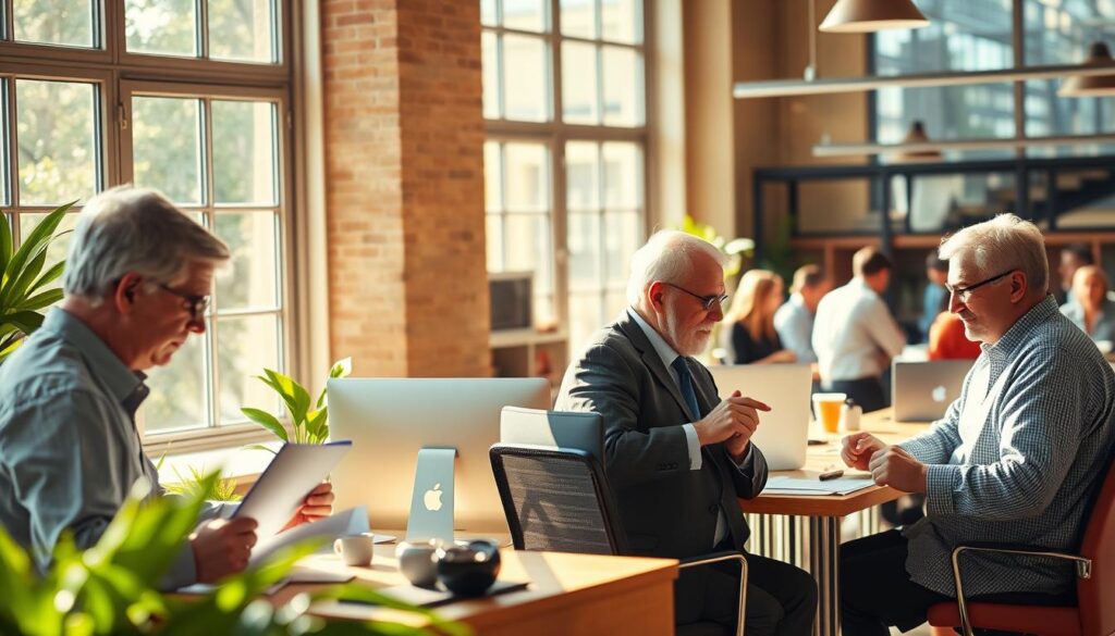A warm, inviting workspace with natural lighting cascading through large windows, highlighting a diverse array of careers suitable for senior professionals. In the foreground, a senior business consultant reviews documents, while a mature software engineer collaborates with a younger colleague at a sleek workstation. In the middle ground, a senior graphic designer brainstorms ideas on a digital tablet, and a retired executive mentors a young entrepreneur. The background depicts a bustling co-working space, where senior experts from various industries engage in lively discussions, fostering a sense of community and shared experience. The overall atmosphere conveys the vibrant potential of 60+ professionals embarking on new career paths.