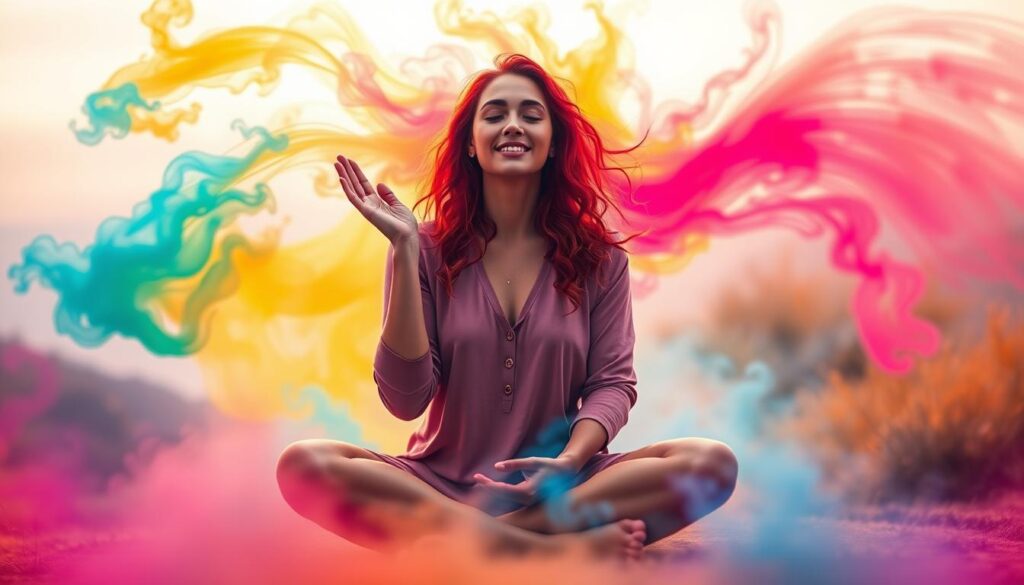 A warm, radiant color therapist sitting cross-legged, palms upturned, emanating a serene, calming aura. Vibrant hues swirl around them, reflecting their deep understanding of color psychology. The background is a tranquil, soothing landscape, with a soft, diffused light illuminating the scene. The therapist's gaze is focused inward, conveying their intuitive grasp of the power of color to heal and transform. The composition is balanced, with a sense of depth and dimension, capturing the therapist's holistic approach to their craft.