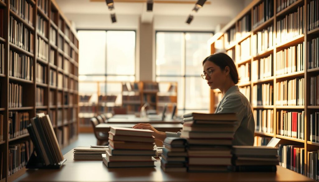 A warm, softly lit interior of a modern library, with a focused librarian sitting at a wooden desk, meticulously organizing stacks of books. The librarian's face is in profile, their expression serene and contemplative. Bookshelves line the walls, casting gentle shadows across the scene. The lighting is natural, filtering in through large windows, creating a cozy and inviting atmosphere. The background is blurred, allowing the librarian to be the central focus, conveying the dedication and professionalism of their work. The overall mood is one of quiet contemplation and the pursuit of knowledge.
