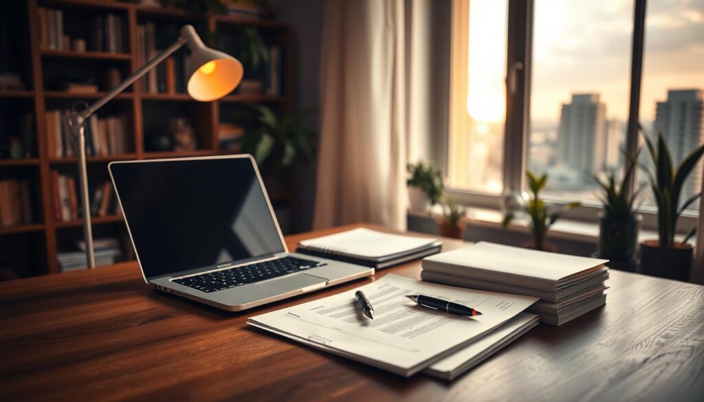 A warm-toned, well-lit home office scene. On a wooden desk, a laptop, a pen, and a stack of papers representing a job application. Soft lighting from a floor lamp creates a cozy, thoughtful atmosphere. The background features bookshelves, plants, and a window overlooking a tranquil cityscape. The composition emphasizes the deliberation and focus required to craft an impactful cover letter and job application. The overall mood is one of purposeful introspection, as the applicant contemplates how to best convey their qualifications and passion for the role.