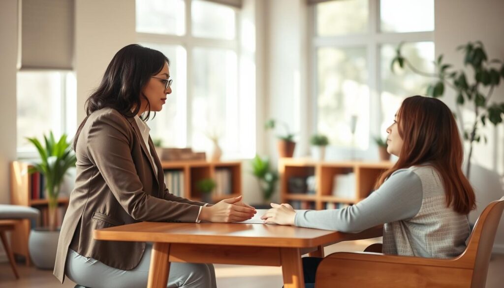 A warm, welcoming office setting with a social worker intently engaged in a one-on-one counseling session. The worker, dressed in professional attire, leans forward with empathy, listening attentively to the client seated across a simple wooden desk. Soft, natural lighting filters through large windows, creating a comforting ambiance. The background features bookshelves and plants, conveying a sense of professionalism and care. The overall mood is one of trust, understanding, and the collaborative process of providing meaningful assistance.