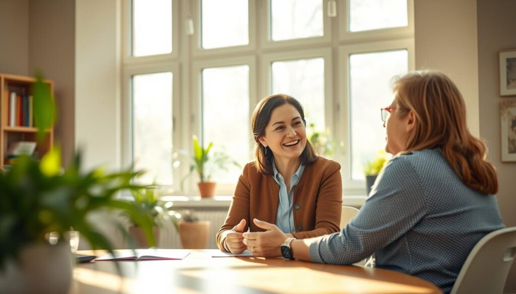 A warm, welcoming office setting with a social worker sitting at a desk, deep in conversation with a client. Soft natural light filters through large windows, creating a sense of calm and empathy. The worker's expression radiates compassion and a genuine desire to help, while the client's posture conveys trust and openness. In the background, a bookshelf and potted plants suggest an environment of professionalism and care. The scene captures the rewarding, human-centric nature of social work, where making a positive difference in people's lives is the true source of fulfillment.