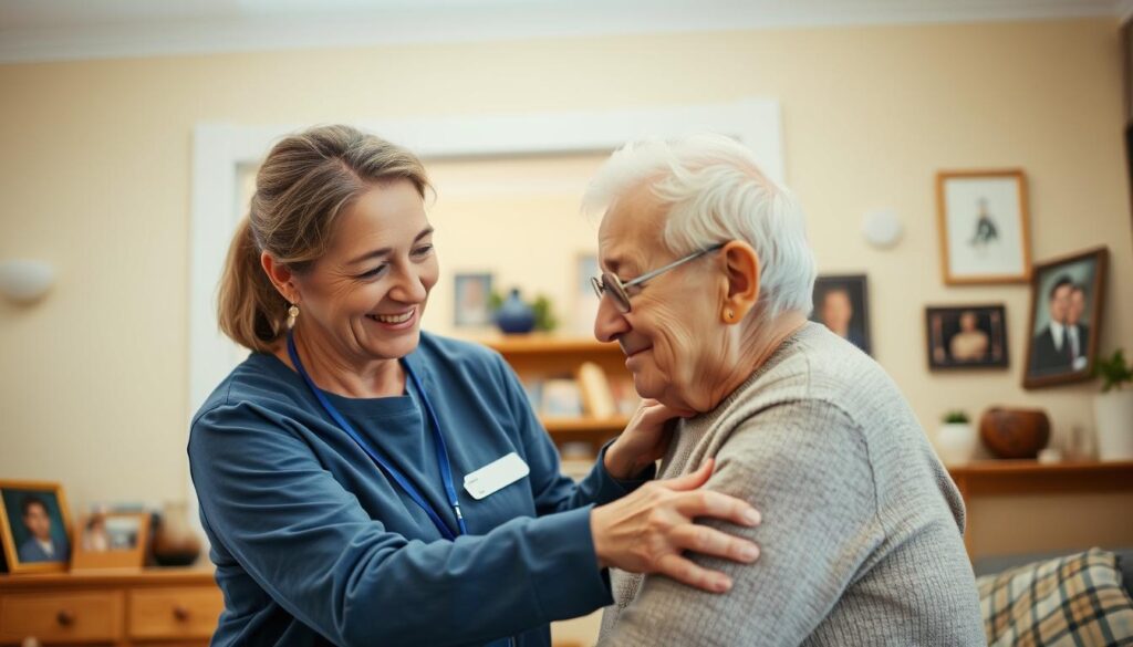 A warm, well-lit home interior with a caring home healthcare worker assisting an elderly person in their daily tasks. The helper's face expresses empathy and a genuine desire to support the patient's independence and comfort. In the background, family photos and personal mementos suggest the patient's long history and connection to this space. Soft, diffused lighting casts a comforting glow, while the worker's attentive posture and calm demeanor convey the challenges and rewards of this rewarding profession. The scene captures the meaningful impact a home helper can have, balancing the needs of the individual with the complexities of in-home care.