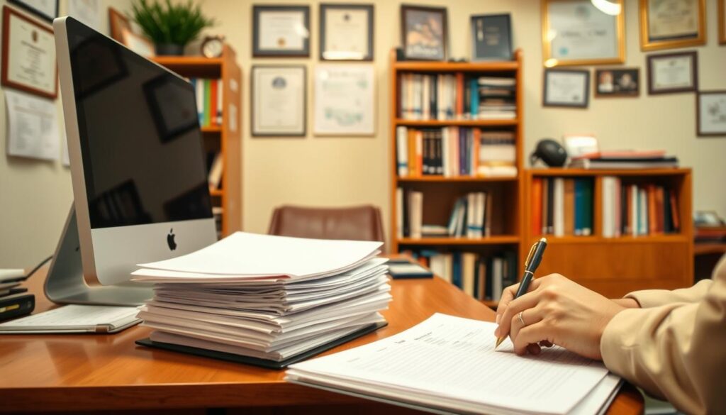 A warmly lit office interior with a wooden desk, a computer monitor, and a stack of papers. In the foreground, the hands of a social worker meticulously organizing case files and taking notes. Behind them, a bookshelf filled with reference materials on social services, psychology, and counseling. The walls are adorned with certificates and diplomas, showcasing the professional's expertise and qualifications. The atmosphere is one of focused dedication, reflecting the skills and commitment required for a career in social welfare.