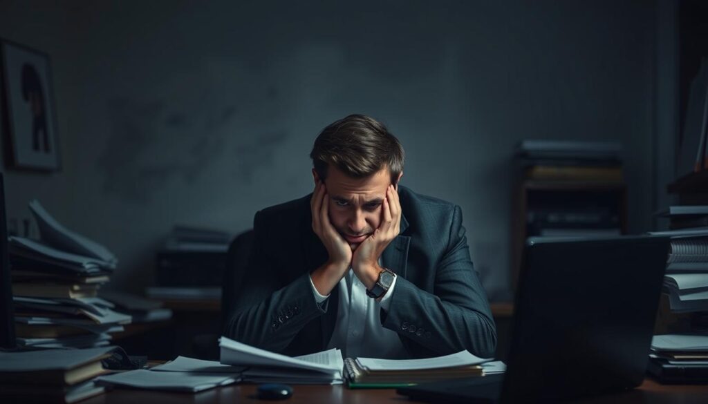 A weary 30-something professional sits at a cluttered desk, head in hands, surrounded by a dimly lit, disorganized office. Their expression conveys a sense of frustration and disillusionment with their career change. The lighting casts deep shadows, emphasizing the figure's isolation and the heavy atmosphere. The background is hazy, with a few scattered documents and office supplies suggesting the chaos and pressure of the situation. The composition draws the viewer's attention to the central figure, capturing the essence of a failed career transition.