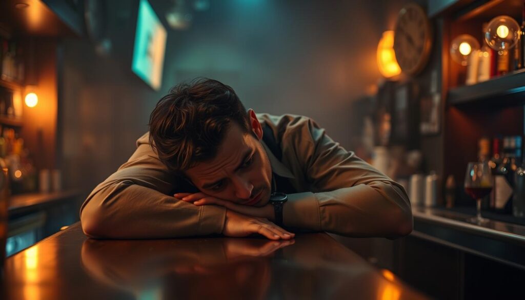 A weary bartender slumps over the counter, his exhausted expression illuminated by the dim, warm glow of the bar's ambient lighting. The background is hazy, with a sense of the late-night bustle and energy of the establishment fading into the background. The bartender's uniform is slightly disheveled, and his movements are sluggish, conveying the physical and mental fatigue of a long, demanding shift. The composition captures the toll of the bartender's hard work, the strain of constantly being on his feet, and the relentless pace of the job, creating a poignant and empathetic visual narrative.