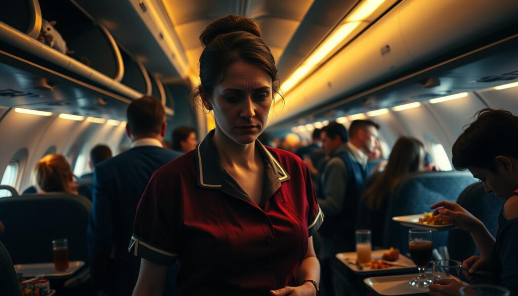 A weary cabin crew member stands in the dimly lit aircraft galley, surrounded by the chaos of spilled drinks, scattered meal trays, and frazzled passengers. Exhaustion etches her face as she navigates the cramped space, juggling requests and maintaining a calm, professional demeanor. The warm, muted lighting casts shadows that accentuate the strain of her duties, hinting at the physical and mental toll of this high-pressure role. In the background, the muffled sounds of the aircraft engines and the chatter of travelers create a sense of unrelenting motion and obligation. This scene captures the often-overlooked difficulties faced by cabin crew, their resilience shining through amidst the chaos of their work.