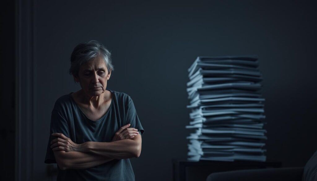 A weary home caregiver stands in a dimly lit room, shoulders hunched from the physical strain of their daily duties. In the background, the outline of a daunting stack of paperwork looms, representing the mental burden of administrative tasks. The caregiver's expression conveys a sense of exhaustion, reflecting the emotional toll of providing compassionate care. Muted colors and soft lighting create a somber, introspective atmosphere, emphasizing the dichotomy between the body's fatigue and the mind's constant demands. The scene evokes the complex challenges faced by home helpers, whose vital work comes at a personal cost.