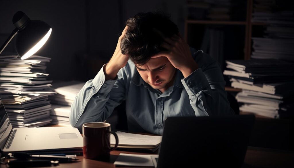 A weary, hunched person sits at a cluttered desk, hands gripping their head in frustration. The workspace is dimly lit, casting long shadows that convey a sense of mental exhaustion. Stacks of papers, a laptop, and a half-empty coffee mug surround the figure, reflecting the overwhelming nature of the job search process. The person's expression is one of despair, their shoulders slumped as they struggle to maintain focus. The scene is rendered in a muted, somber color palette, emphasizing the emotional toll of the "転職活動メンタルやられる" experience.