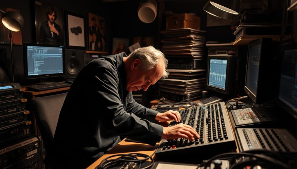 A weary mastering engineer hunched over a desk, surrounded by a chaotic array of audio equipment, cables, and monitor screens. Dim studio lighting casts dramatic shadows, highlighting the concentration etched on their face as they meticulously tweak knobs and sliders, striving to balance the perfect mix. The air is thick with the hum of machines and the tension of the creative process. In the background, half-finished album covers and stacks of vinyl records hint at the endless cycle of projects awaiting their attention. This is the reality of the mastering engineer - a delicate balancing act of technical precision and artistic nuance, where the small details make all the difference in delivering a polished, professional sound.
