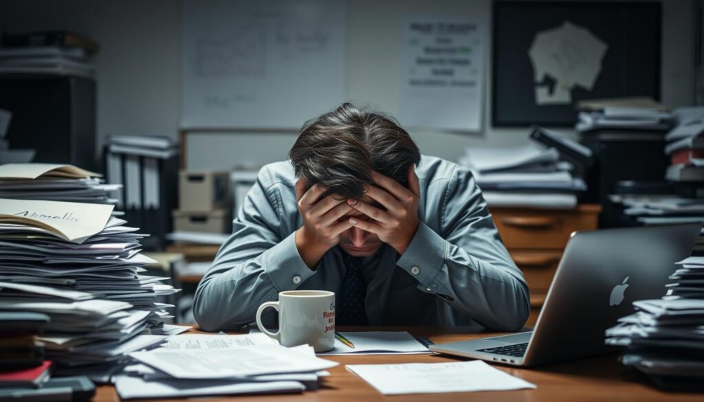 A weary office worker, shoulders slumped, sits at a cluttered desk, head in hands. Dim lighting and muted colors evoke a sense of exhaustion and mental strain. Piles of papers, a laptop, and a half-empty coffee mug suggest the pressures of a relentless job search. The subject's pained expression conveys the emotional toll of the "転職活動" (job search) process. A somber, introspective atmosphere pervades the scene, reflecting the "メンタルがやられる" (mental anguish) experienced during this challenging transition.