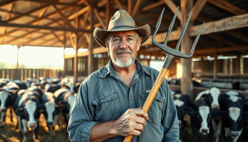 A weathered dairy farmer, his face etched with years of toil, stands amidst a bustling dairy farm. The morning light casts long shadows across the well-worn barn, its wooden beams and corrugated tin roof a testament to the resilience required in this arduous profession. In the foreground, a herd of Holstein cows graze contentedly, their gentle movements belying the intensive labor needed to care for them. The farmer's calloused hands grip a pitchfork, a symbol of the backbreaking work of mucking stalls, feeding, and milking the herd, all while enduring the unpredictable weather and economic pressures that define the life of a dairy farmer. The scene conveys the grit, dedication, and quiet dignity of those who toil to bring the bounty of the land to our tables.