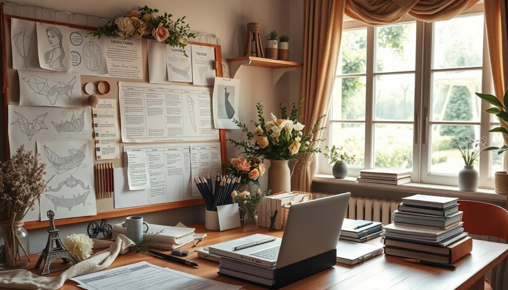A wedding planner's essential skills, captured in a meticulously crafted scene. A warm, natural light illuminates the serene workspace, adorned with tactile fabrics, delicate floral arrangements, and an array of meticulously organized tools. In the foreground, a mood board displays intricate sketches, color palettes, and detailed timelines, showcasing the planner's keen eye for design and impeccable organizational prowess. The middle ground features a laptop and a stack of contracts, alluding to the planner's business acumen and ability to seamlessly coordinate every aspect of a wedding. In the background, a window overlooks a picturesque garden, hinting at the planner's skills in envisioning and executing the client's dream celebration.