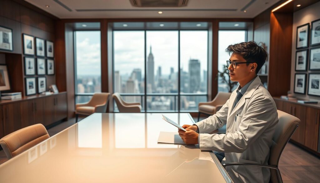 A well-appointed office interior with a clean, modern aesthetic. In the foreground, a young optometrist in a crisp white lab coat sits at a sleek, glass-topped desk, thoughtfully examining the contents of a folder. Soft, directional lighting from above casts a warm glow, complementing the rich, wooden accents that frame the scene. In the middle ground, the walls are adorned with framed diplomas and certificates, conveying a sense of expertise and professionalism. The background features floor-to-ceiling windows overlooking a bustling city skyline, hinting at the optometrist's urban setting and promising a promising career trajectory. The overall mood is one of quiet confidence, competence, and the promise of a rewarding new chapter.