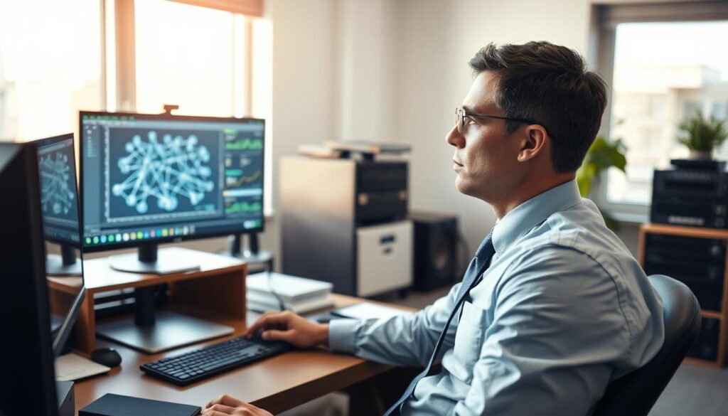 A well-appointed office interior with a desk, computer, and office equipment, bathed in soft, natural lighting from a nearby window. A network diagram or schematic is displayed on the computer screen, reflecting the technical expertise of the network engineer. The engineer, dressed in a collared shirt and tie, is deep in thought, contemplating the data and statistics visualized on the screen, which display metrics related to network performance and engineer compensation. The overall atmosphere conveys the analytical and problem-solving nature of the network engineer's role, as well as the financial rewards associated with this specialized technical field.