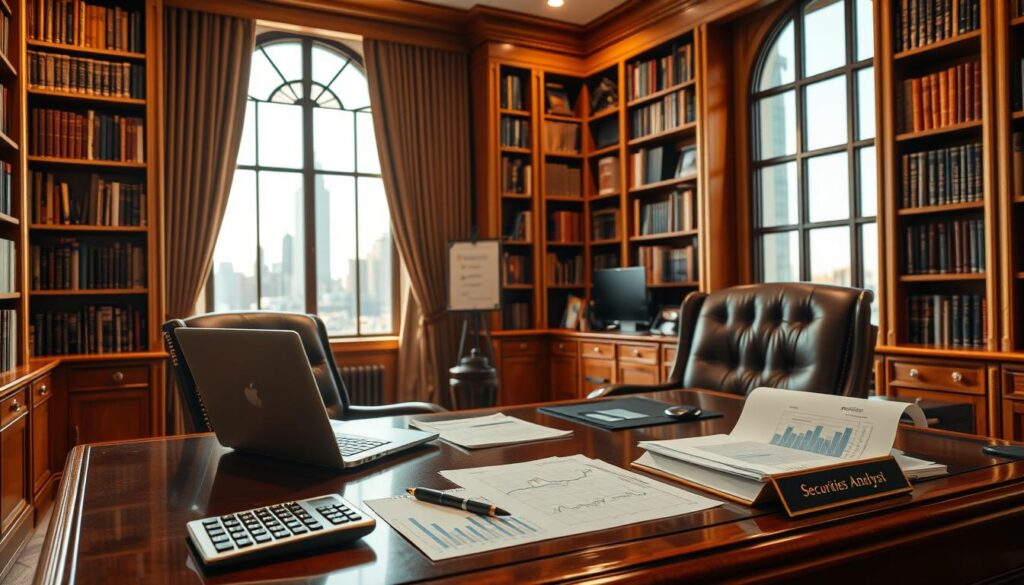 A well-appointed office interior with a large wooden desk, plush leather chair, and floor-to-ceiling bookshelves lining the walls. Soft, warm lighting casts a golden glow, creating an atmosphere of quiet professionalism. On the desk, a laptop, a stack of financial reports, and a name plate that reads "Securities Analyst". The foreground features a calculator, pen, and a chart displaying stock performance data. Through the window, the urban skyline is visible, hinting at the high-stakes world of finance. The overall impression is one of diligence, expertise, and the potential for substantial earnings.