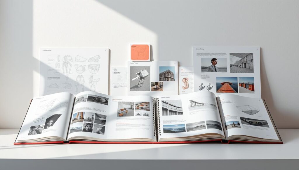 A well-crafted portfolio showcasing the designer's talent and versatility, set against a clean, minimalist backdrop. Soft, natural lighting illuminates the carefully curated selection of sketches, design concepts, and finished projects, each piece reflecting the designer's unique aesthetic and problem-solving skills. The arrangement evokes a sense of professionalism and attention to detail, enticing the viewer to explore the designer's capabilities and potential. Subtle shadows and reflections add depth and dimension, creating an overall impression of a polished, aspirational design portfolio that could captivate potential employers or clients.