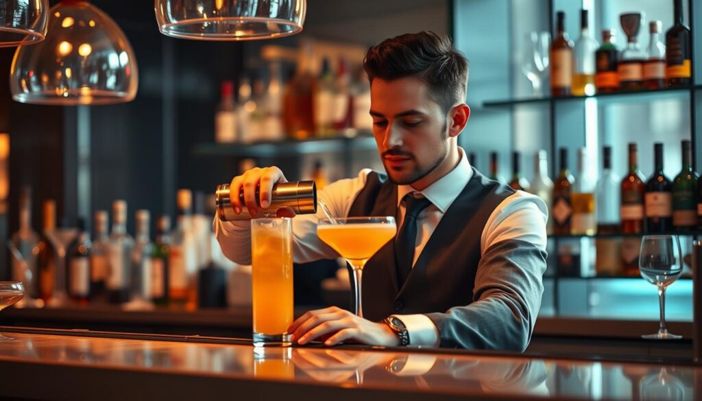 A well-dressed bartender pouring a cocktail behind a sleek, modern bar counter. The scene is bathed in soft, warm lighting that creates a cozy, inviting atmosphere. The bartender's focused expression and precise movements convey their expertise and professionalism. In the background, a row of premium liquor bottles and glassware suggest an upscale establishment. The overall composition emphasizes the bartender's skilled craft and the potential for a high-earning occupation.