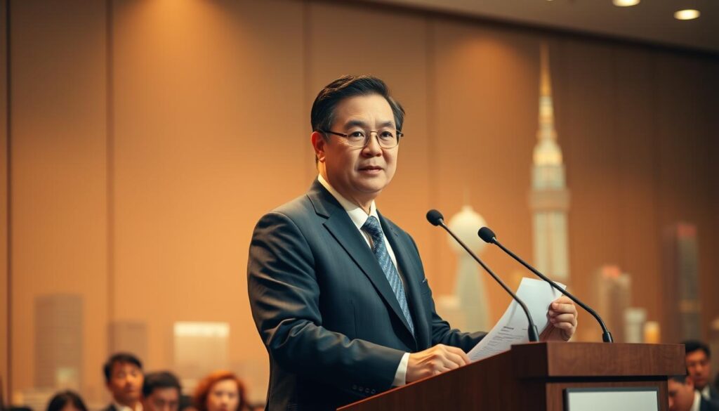 A well-dressed bureaucrat stands at a podium, presenting their annual earnings to an attentive audience. The scene is bathed in warm, professional lighting, creating a sense of authority and financial success. The bureaucrat's expression is confident and assured, conveying the stability and security of their government role. In the background, a city skyline suggests the bureaucrat's position within a thriving urban center. The overall composition evokes a formal, corporate atmosphere, underscoring the status and compensation associated with a career in Japanese bureaucracy.