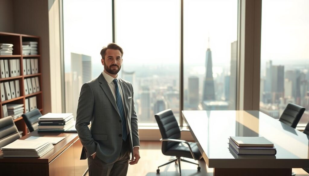 A well-dressed bureaucrat stands confidently in a spacious, sun-drenched office, surrounded by neatly organized documents and a sleek, modern desk. The warm, natural lighting casts a subtle glow, highlighting the bureaucrat's focused expression and polished appearance. In the background, a towering window offers a panoramic view of a bustling city skyline, hinting at the bureaucrat's influential position and success. The overall scene conveys a sense of professionalism, efficiency, and the rewards that can come from a career in the bureaucratic field.