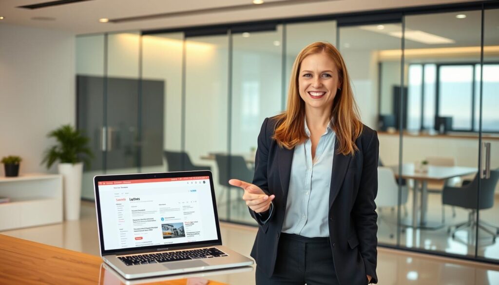 A well-dressed career counselor stands in a modern, minimalist office, gesturing towards a laptop displaying job listings. Warm, diffused lighting highlights their friendly, approachable demeanor. In the background, a sleek glass-walled conference room hints at the professional, corporate atmosphere. The scene conveys the expertise and guidance a career transition specialist can provide, reflecting the challenges and opportunities facing water infrastructure consultants seeking new roles.