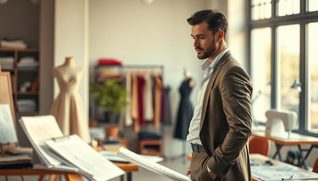A well-dressed fashion designer standing in a modern, minimalist studio, surrounded by sketches, fabric swatches, and sewing equipment. Soft, natural lighting filters through large windows, casting a warm glow on the designer's face as they contemplate their latest creation. The background is blurred, emphasizing the designer's focused expression and the tools of their craft. The overall mood is one of creative inspiration and professional dedication, hinting at the successful career and substantial earnings of this skilled fashion visionary.