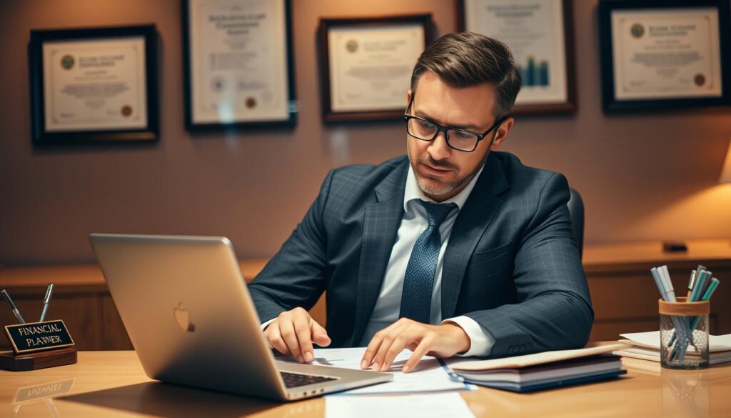 A well-dressed financial planner sits at a desk, crunching numbers on a laptop with a thoughtful expression. The desk is neatly organized, with a nameplate, pen holder, and framed certificates on the wall behind. Warm, indirect lighting illuminates the scene, creating a professional yet approachable atmosphere. The planner's attire is formal but not overly stuffy, conveying their expertise and attention to detail. The background is blurred, placing the focus squarely on the financial planner and their work.