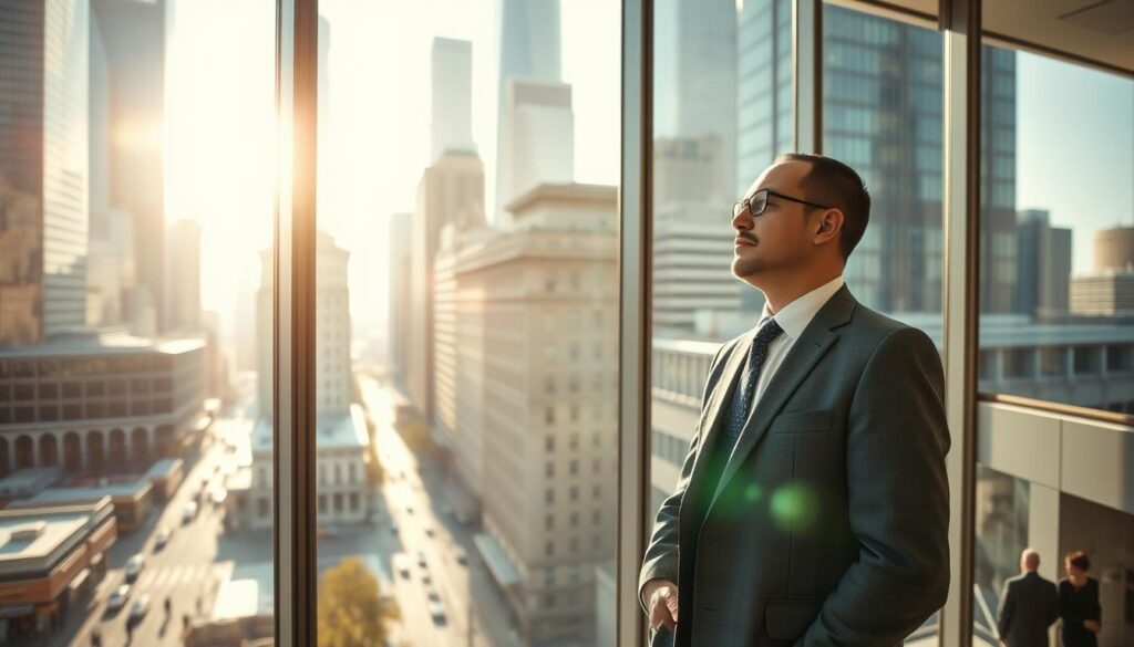 A well-dressed fund manager standing confidently in a modern, glass-walled office overlooking a bustling financial district. Sunlight streams in, casting a warm glow on their face as they gaze thoughtfully out the window, envisioning the growth and potential of the investments they manage. The background is a blend of towering skyscrapers, busy streets, and the faint silhouettes of people hurrying to and fro, reflecting the dynamic and ever-evolving nature of the financial industry. The scene conveys a sense of power, intellect, and forward-thinking, capturing the essence of the fund manager's promising future.