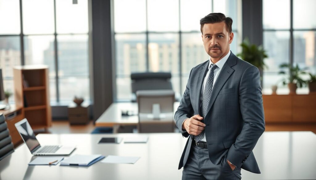 A well-dressed individual, likely a public policy consultant, standing in a modern office setting. The foreground features the consultant in a professional attire, with a serious expression and an air of authority. The middle ground showcases a large, sleek desk with a laptop, papers, and other work materials, suggesting the consultant's expertise and responsibilities. The background is slightly blurred, depicting a contemporary office environment with floor-to-ceiling windows, allowing natural light to stream in and create a warm, productive atmosphere. The overall scene conveys the high-level nature of the public policy consulting profession and the potential for a substantial income.