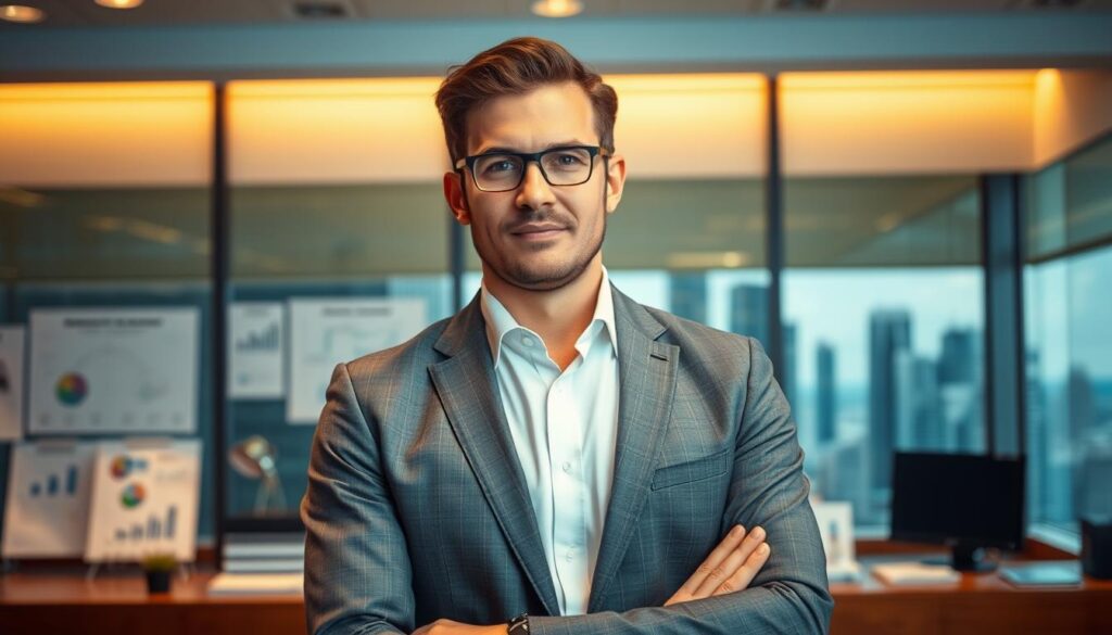 A well-dressed individual standing confidently in a modern office environment, surrounded by organizational charts, financial documents, and other professional accoutrements. The lighting is warm and inviting, creating a sense of competence and authority. The subject's expression is one of focused determination, conveying the analytical skills and problem-solving abilities essential to the role of a compensation consultant. In the background, a cityscape or corporate skyline suggests the broad scope and high-level nature of the work. The overall impression is one of a capable, knowledgeable professional adept at navigating the complexities of compensation planning and dispute resolution.