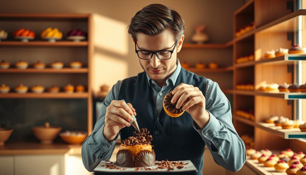 A well-dressed individual stands in a sunny, warm-toned bakery, their hands delicately arranging chocolate shavings and piping intricate designs onto a freshly baked pastry. The background features shelves lined with artfully crafted confections, their vibrant colors and textures hinting at the creator's attention to detail and passion for their craft. The lighting is soft and diffused, casting a gentle glow that accentuates the individual's focused expression and the rich, glossy finish of the chocolate work. This scene captures the essence of a skilled, detail-oriented chocolatier, someone with a keen eye for aesthetics, a love of precision, and an unwavering dedication to creating visually stunning and delectable treats.