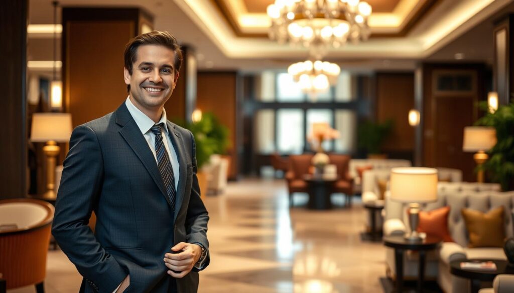 A well-dressed individual stands poised in a luxurious hotel lobby, exuding an aura of warmth and professionalism. The lighting is soft and inviting, casting a gentle glow on their attentive expression as they greet a guest with a welcoming smile. The background features elegant furnishings, plush seating, and tasteful decor, conveying an atmosphere of refined hospitality. The person's posture is upright and confident, their demeanor radiating a sense of helpfulness and attention to detail. This image captures the quintessential qualities of a skilled concierge - the ability to anticipate needs, provide exceptional service, and create a memorable experience for those they assist.