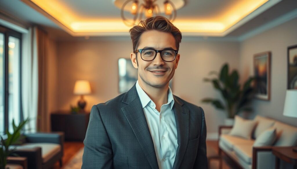 A well-dressed individual with a keen eye for aesthetics, standing in a tastefully designed interior. Soft, warm lighting illuminates the space, highlighting the harmonious blend of textures and colors. The person exudes an air of creativity and attention to detail, embodying the qualities of an exceptional interior designer. The background showcases elegant furnishings, subtle artwork, and a touch of greenery, creating an inviting and visually engaging atmosphere. A sense of balance, proportion, and an understanding of spatial dynamics radiates from this scene, capturing the essence of an individual suited for the profession of interior design.