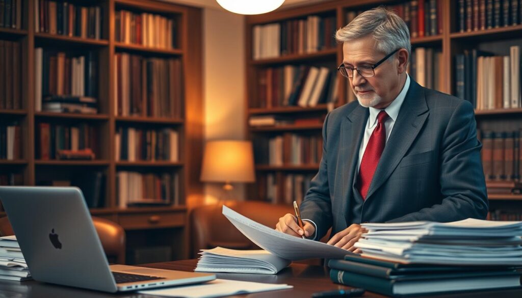 A well-dressed, middle-aged journalist stands thoughtfully in a cozy, book-lined study, pen in hand, contemplating a financial report on their earnings as a seasoned investigative reporter. Warm, indirect lighting casts a contemplative mood, while a laptop and neat stacks of papers on the desk suggest the meticulous work of this respected profession. The scene conveys the intellectual challenge and careful consideration that goes into the craft of in-depth reporting, hinting at the complexities of the reporter's financial circumstances.