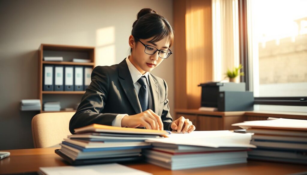 A well-dressed office worker in a private school administration office, meticulously organizing files and documents on a neatly arranged desk. Warm, natural lighting from a large window casts a soft glow, highlighting the worker's focused expression. The office interior is modern yet professional, with minimalist decor and subtle Japanese influences. The overall atmosphere conveys the quiet efficiency and attention to detail required for this administrative role within a private educational institution.