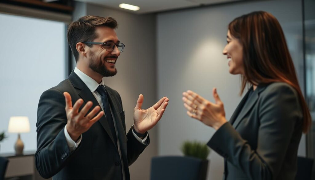 A well-dressed professional engaged in a friendly and attentive conversation, maintaining eye contact and using expressive hand gestures to demonstrate effective communication skills. The setting is a modern, minimalist office environment with soft, diffused lighting and a neutral color palette, emphasizing the interpersonal dynamic. The overall mood is one of confidence, poise, and a genuine connection between the two individuals.