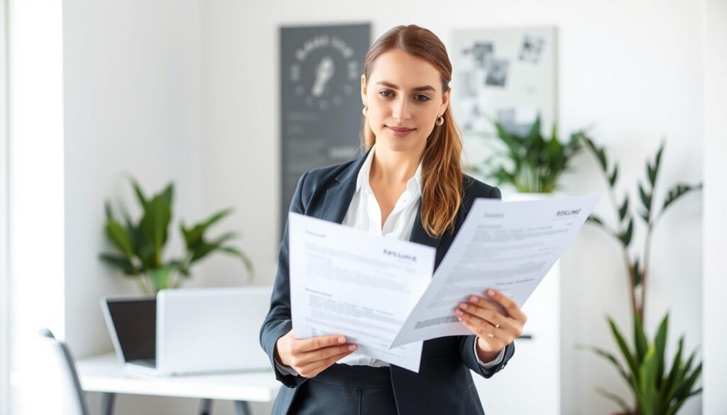 A well-dressed, professional esthetician standing confidently in a modern office setting, reviewing a resume and preparing for a job interview. The background features a clean, minimalist design with a desk, laptop, and potted plants, creating a calm and focused atmosphere. Soft, natural lighting illuminates the scene, highlighting the esthetician's polished appearance and attentive expression. The overall composition conveys a sense of determination and career-readiness, reflecting the challenges and aspirations of an esthetician's job search.